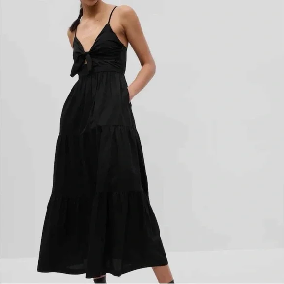 NWOT GAP Black Tie-Front Tiered Maxi Dress with Spaghetti Straps, Size XXL - Picture 2 of 8